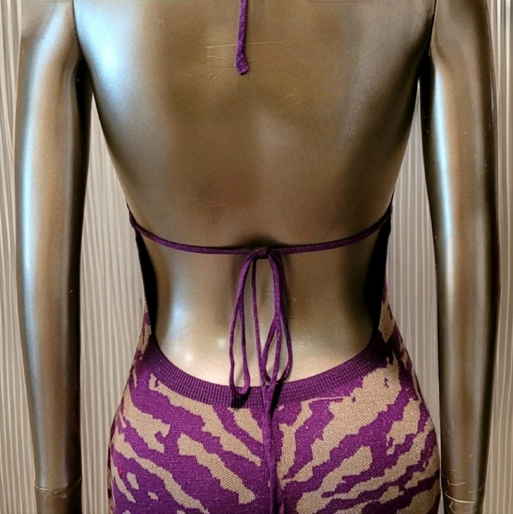 NWT Zebra Print Halter Neck Cut Out Tie Back Bodycon Knit Maxi Dress Sz M - Picture 9 of 13